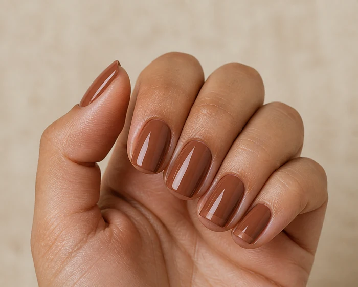 Baked clay brown Thanksgiving nails in a hand-only close-up
