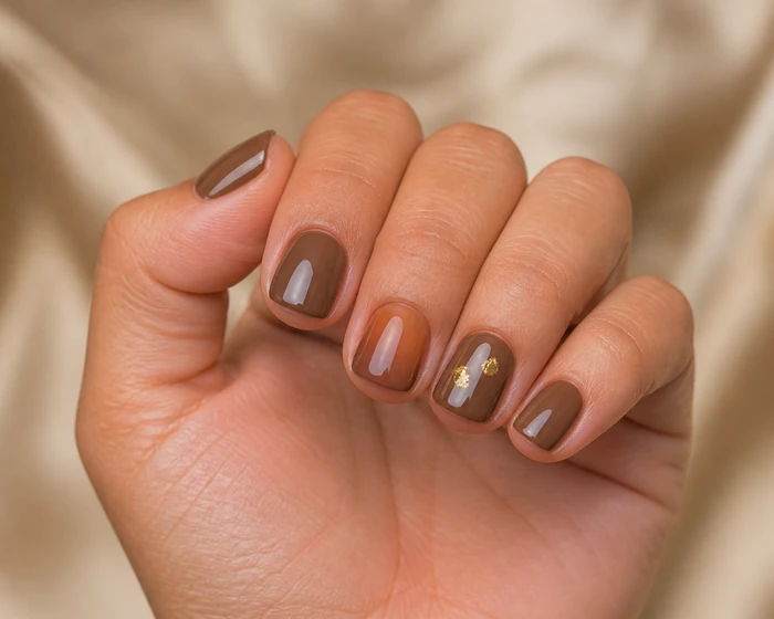 Short clay brown nails with caramel aura and gold foil