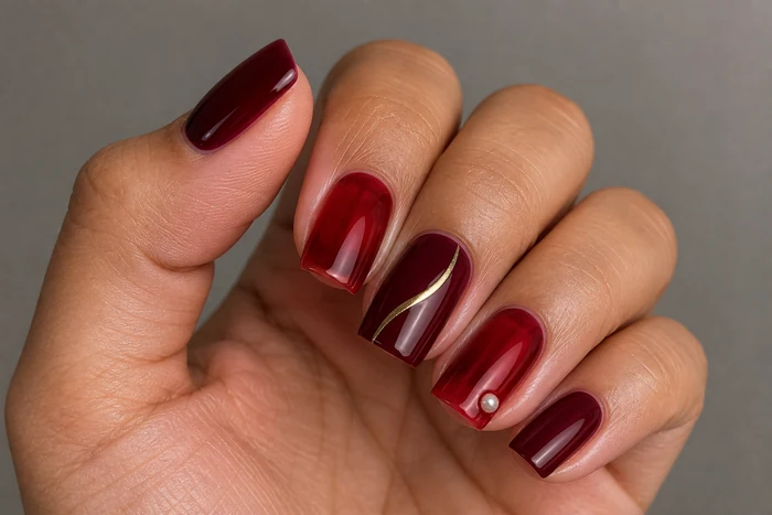 Cherry red jelly winter nails with fine gold curve detail