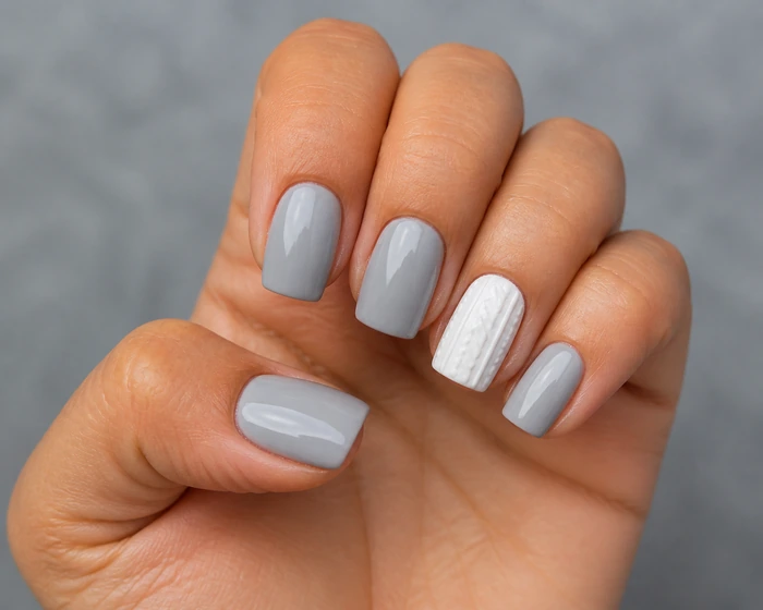 Soft gray winter sweater nails with white knit accent