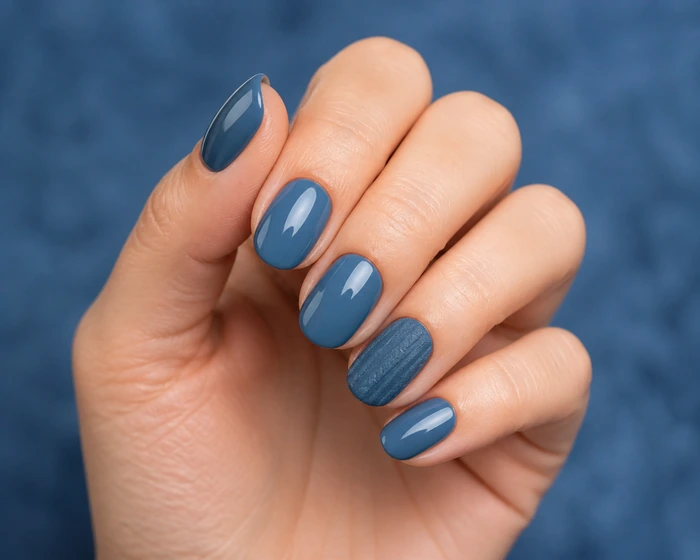 Denim blue oval sweater nails with tonal ribbing on an East Asian womans hand