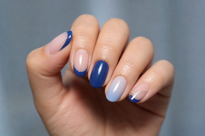 French blue winter nails with silver foil