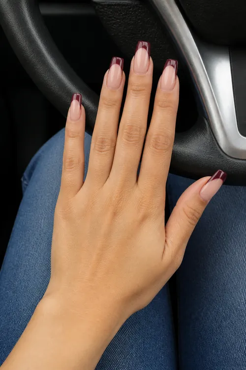 Burgundy French tip coffin nails in a car