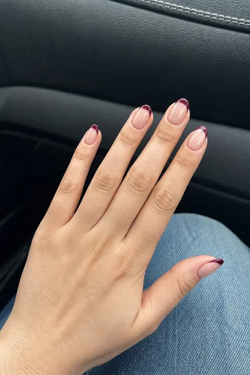 Burgundy French tip oval nails for fall