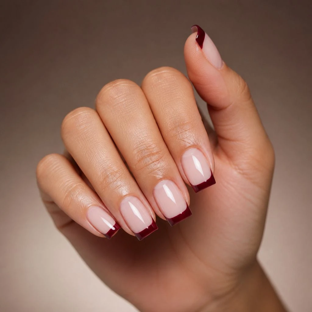 Burgundy French tip square acrylic nails