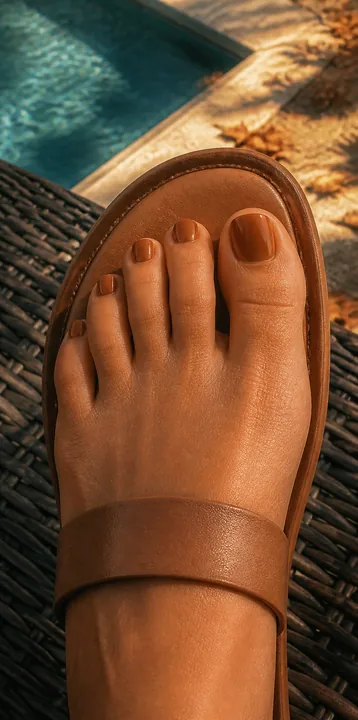 Caramel brown fall pedicure shown in a sandal by a pool
