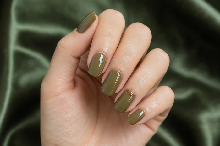 Muted olive French nails with a champagne gold stripe