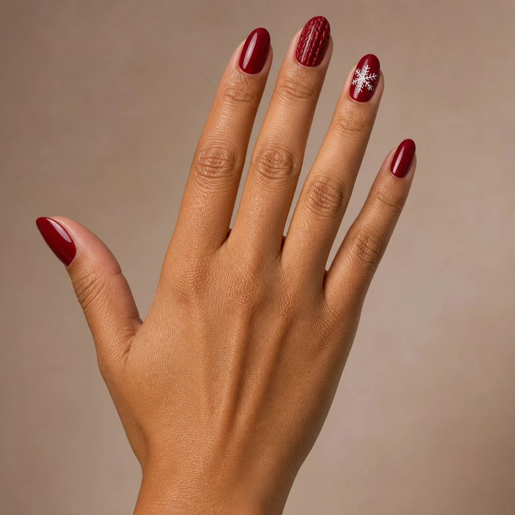 Cranberry Christmas sweater nails with cable knit and snowflake details