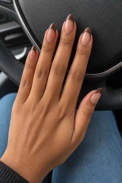 Espresso brown French tip almond nails on a woman in a car