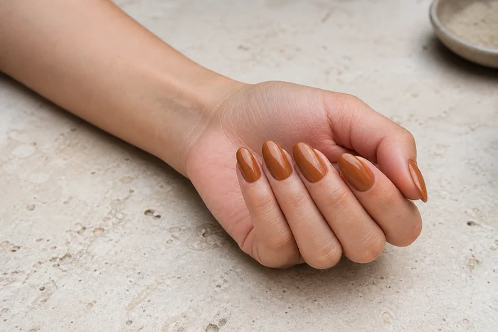 Caramel almond dip powder nails on a pale limestone table