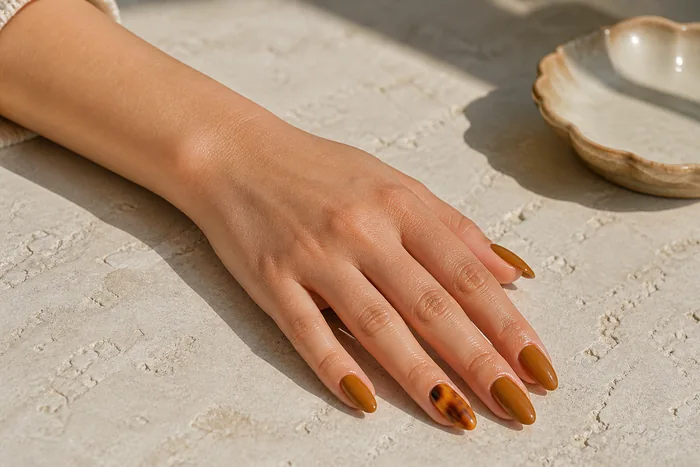 Caramel almond press-on nails with tortoiseshell accent