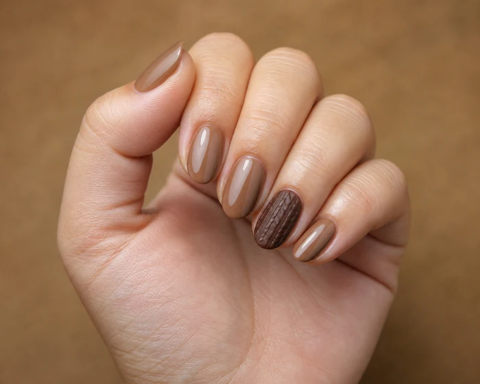 Short caramel sweater nails with chocolate cable knit accent