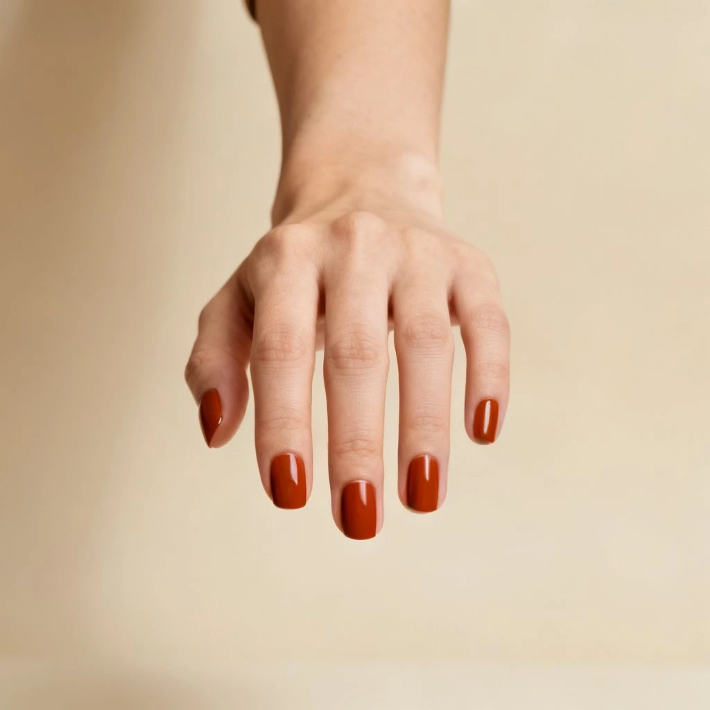 Short natural rust fall nails on a woman’s hand with a leather handbag.