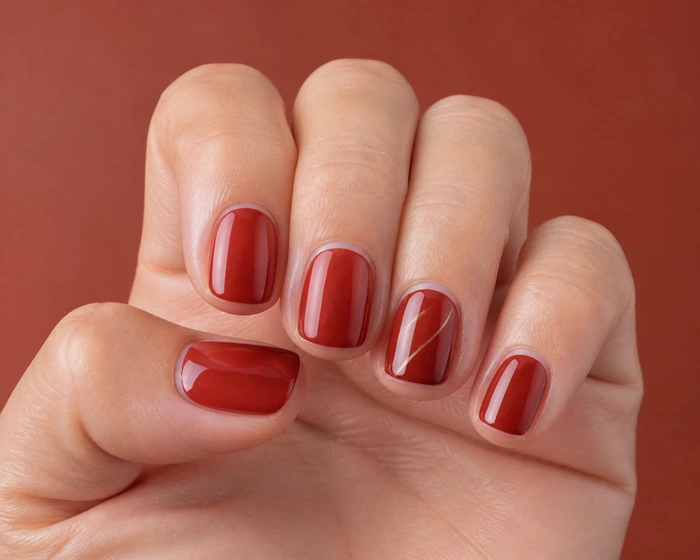 Short rust glass gel nails with tiny cream line detail