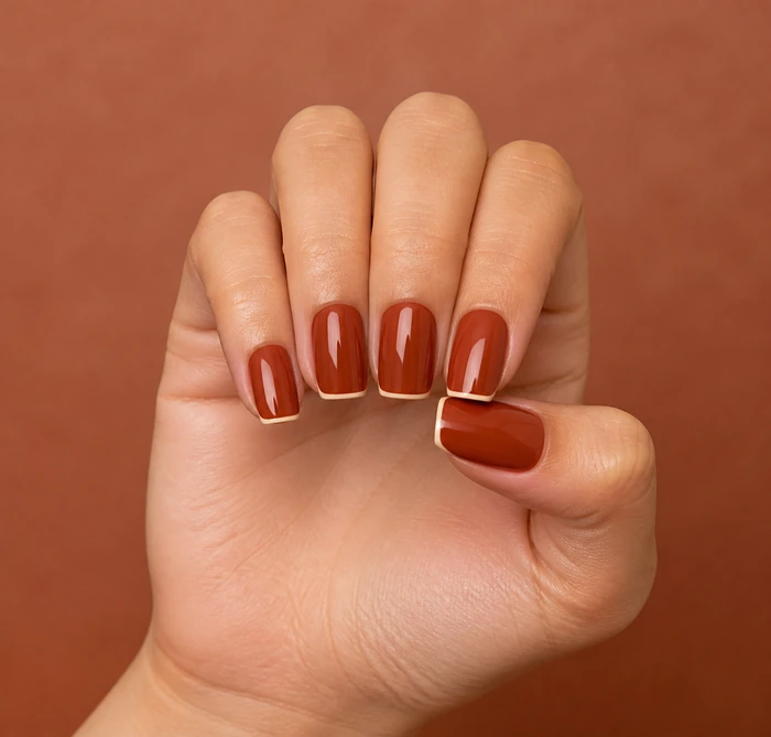 Medium rust square acrylic nails with cream micro-French edge