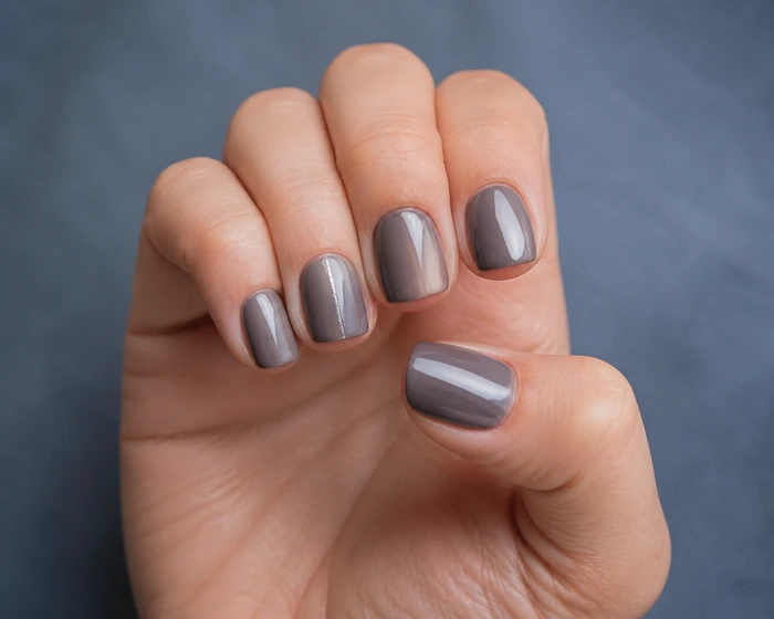 Smoky gray square nails with pearl chrome