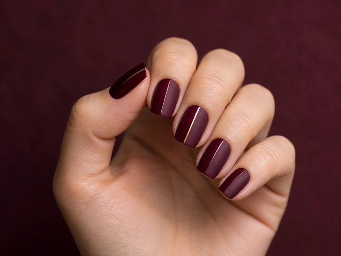 Deep wine square nails with matte and gloss split finish