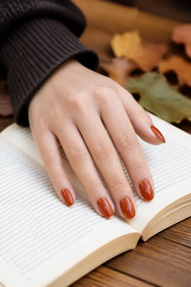 Warm rust orange fall nails on a woman’s hand at an outdoor café.