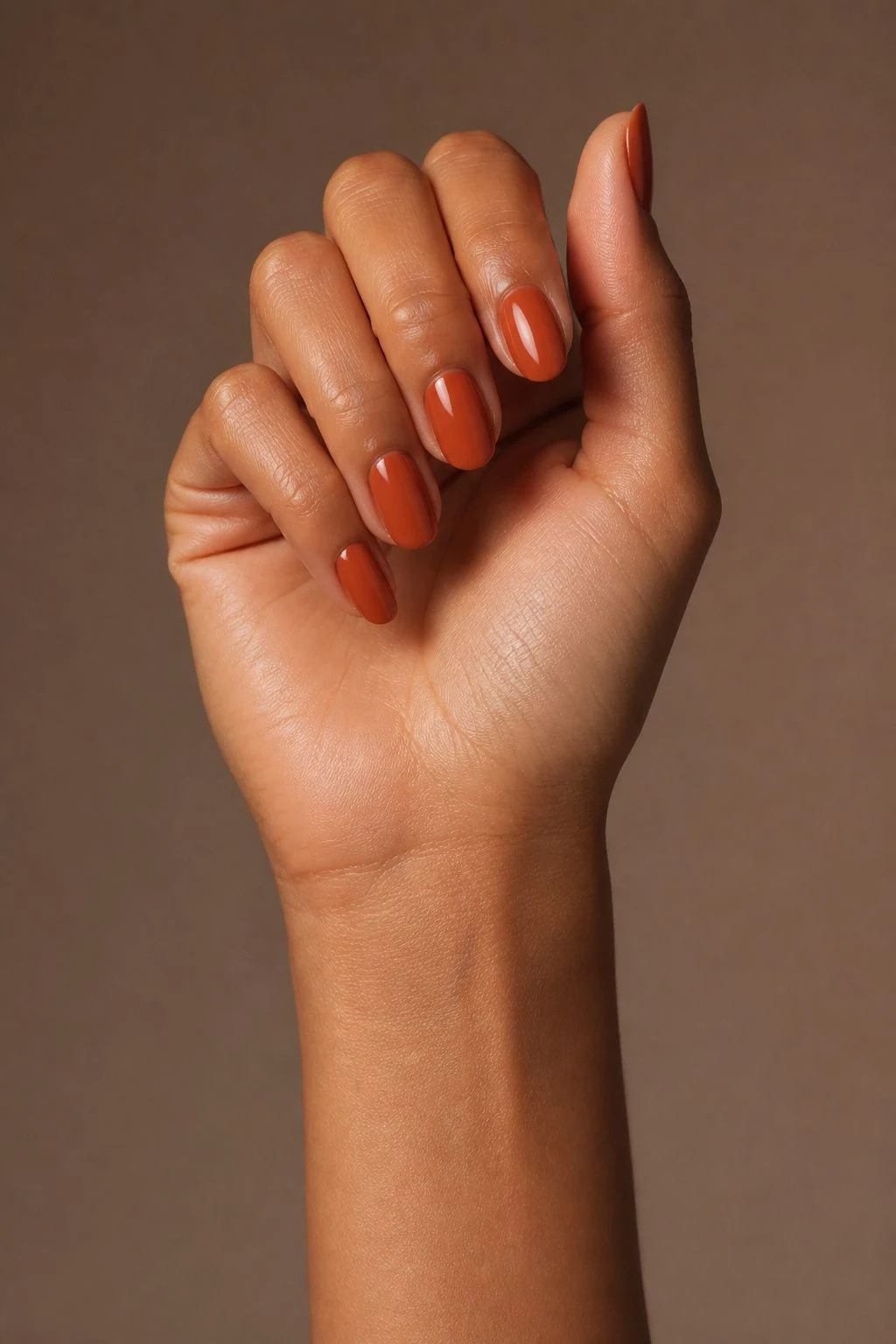Rust orange nails in a curled hand pose with thumb clearly separated