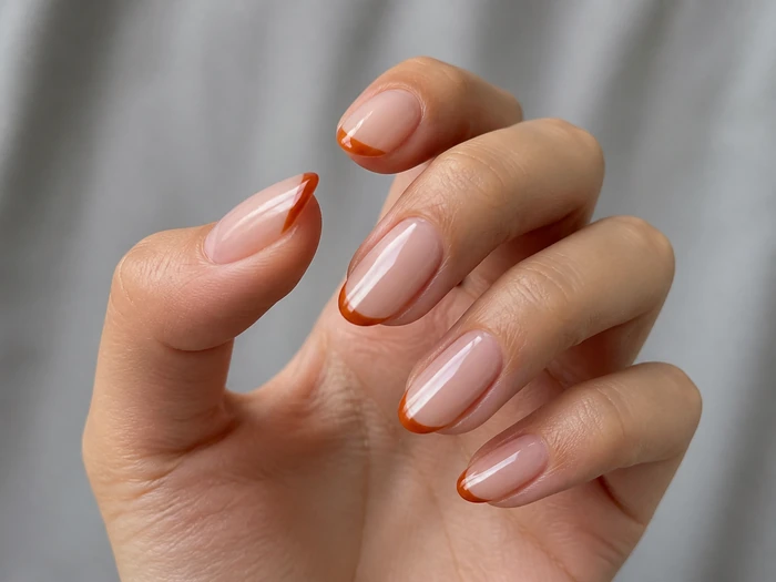 Sheer nude nails with rust negative-space French tips