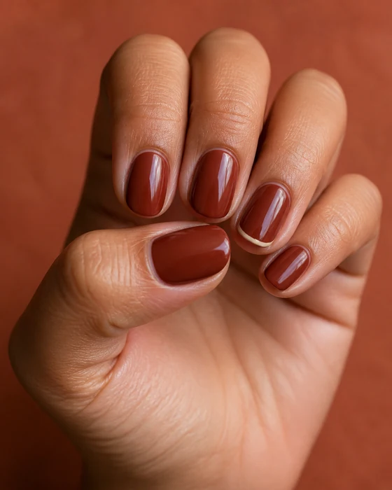 Short rust oval November nails with a fine cream micro-French