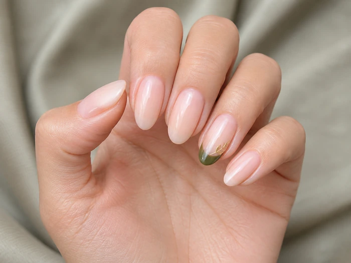 Sheer nude nails with an olive leaf French accent