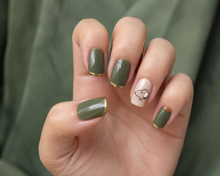 Olive Thanksgiving nails with Snoopy profile and gold French