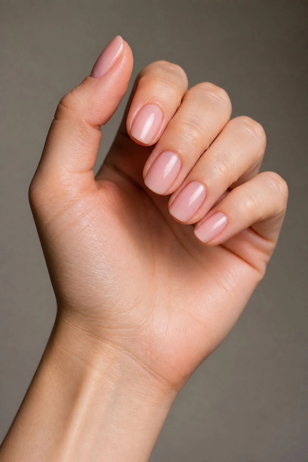 Sheer beige pink nails in a curled hand pose with thumb clearly separated