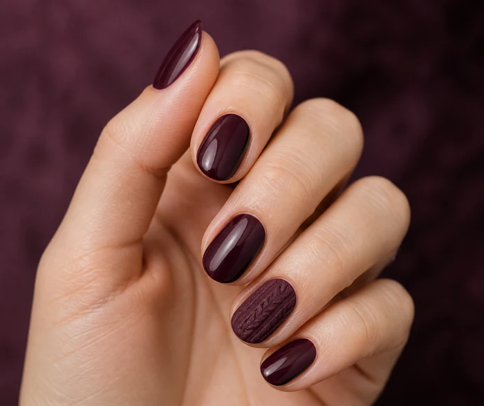Deep plum sweater weather nails with matte knit panel
