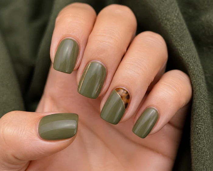 Olive Thanksgiving dip nails with tortoiseshell accent