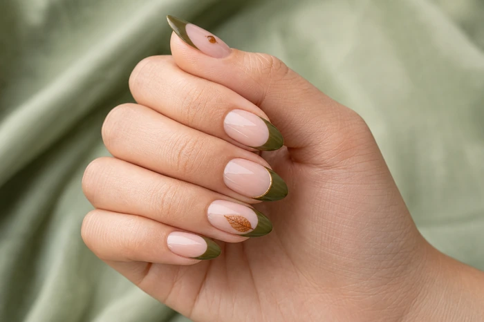 Olive French Thanksgiving nails with gold edge and leaf art
