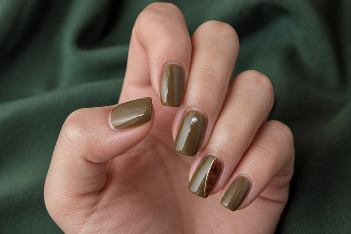 Olive Thanksgiving gel nails with tortoiseshell and pearl