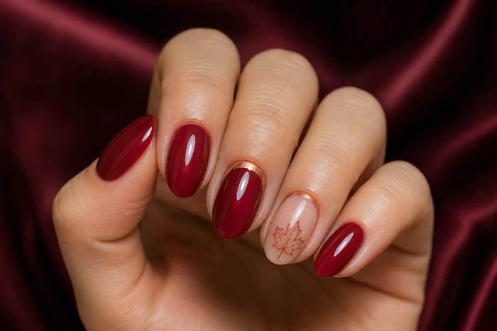 Cranberry jelly nails with copper crescent and maple leaf accent