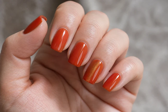 Burnt orange Thanksgiving nails with an amber accent