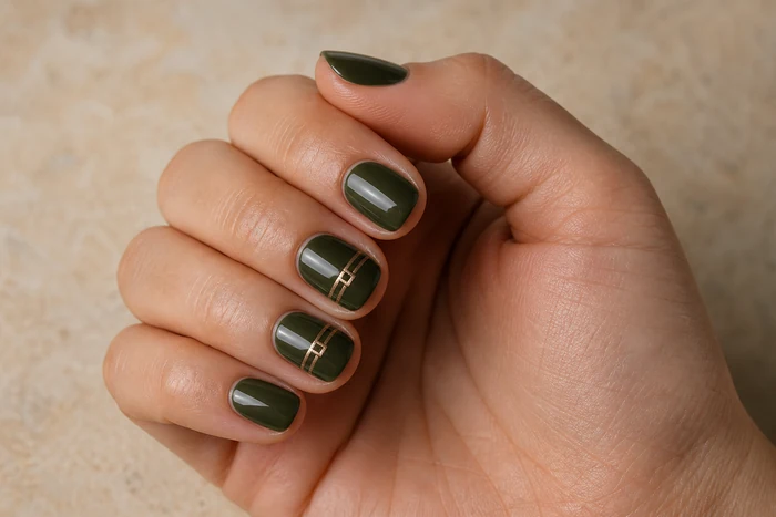 Short olive Thanksgiving nails with gold geometric lines