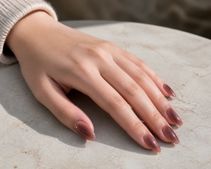 Mocha and plum aura fall nails on a stone table