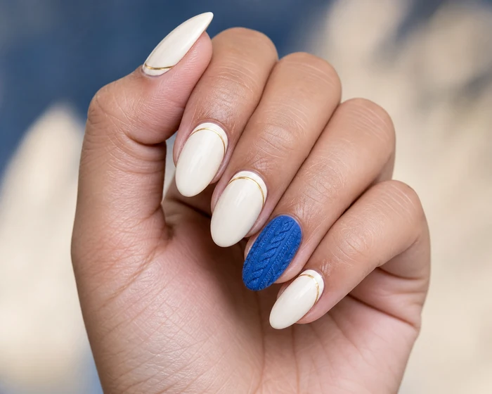 Cream and cobalt blue sweater nails with a textured accent nail