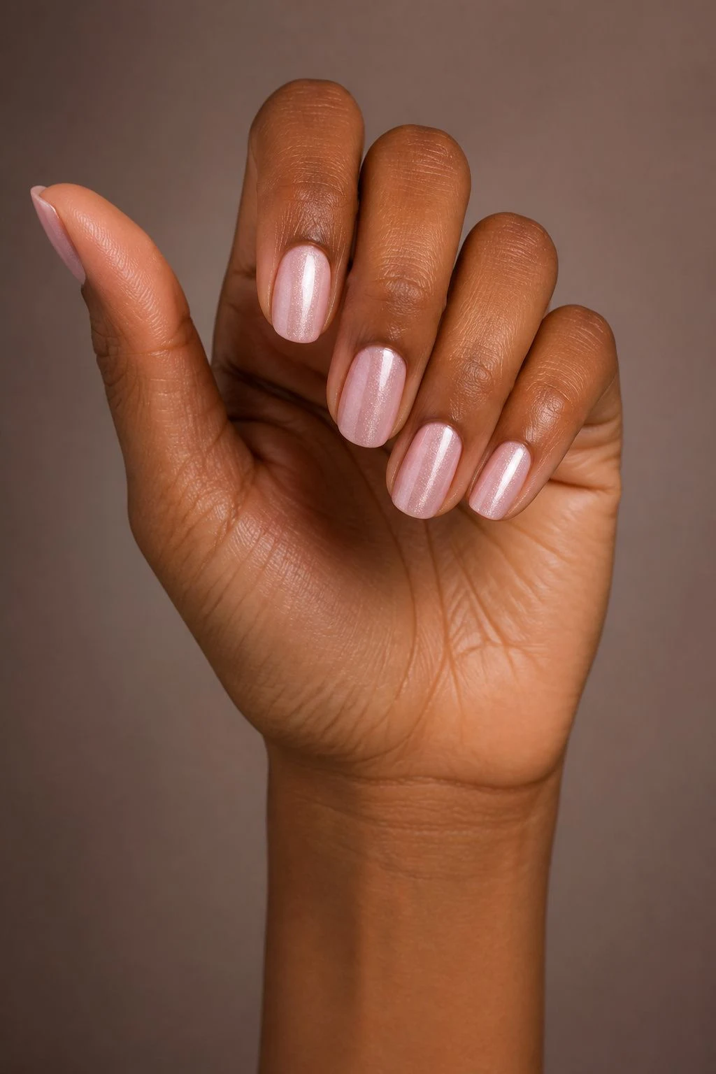 Blush Nails With Pearl Shimmer in a curled hand pose with thumb clearly separated