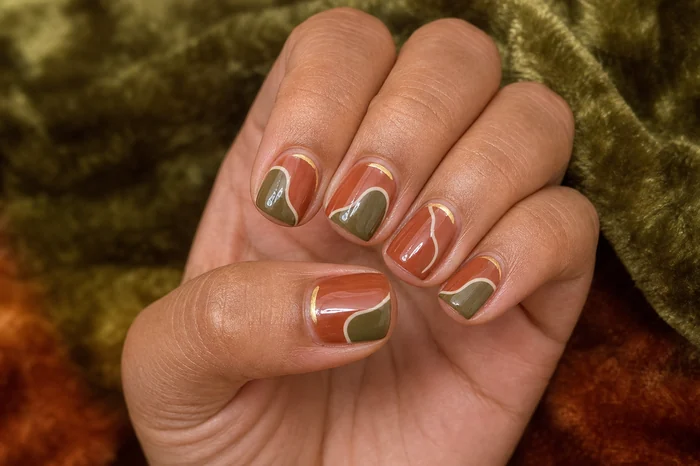 Rust and olive November nails with abstract autumn wave art