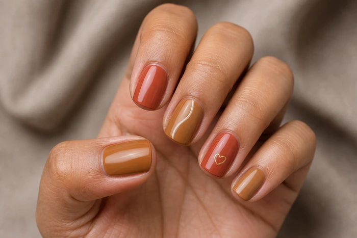 Caramel and terracotta cute Thanksgiving nails with gold heart