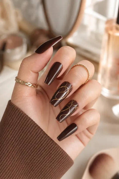 Deep brown coffin nails with delicate gold line art and rings