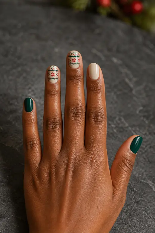 Green cream and red Fair Isle Christmas sweater nails