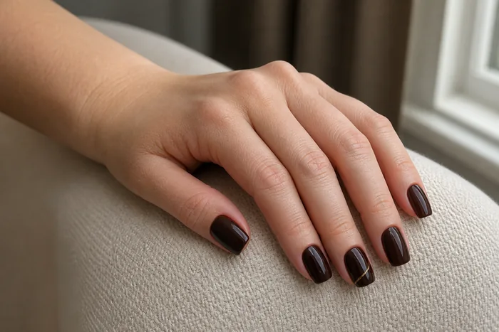 Deep espresso soft-square gel nails in natural window light