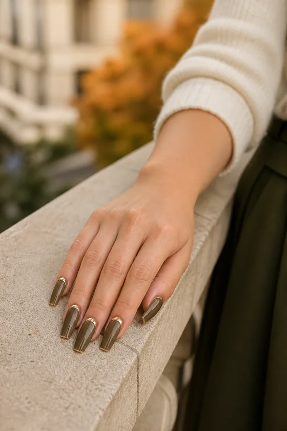 Long olive and cocoa coffin fall nails resting on a stone ledge