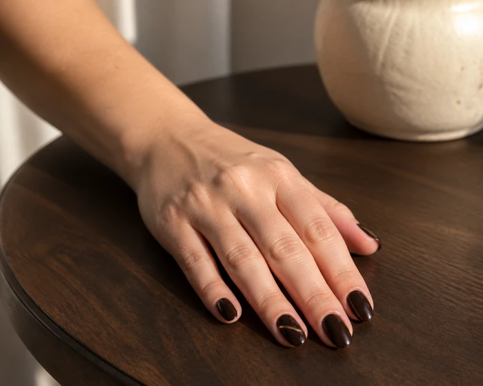Glossy espresso press-on nails on a dark walnut table