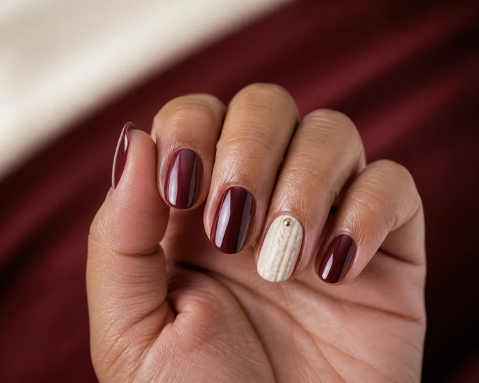 Burgundy fall sweater nails with cream knit accent and gold dot