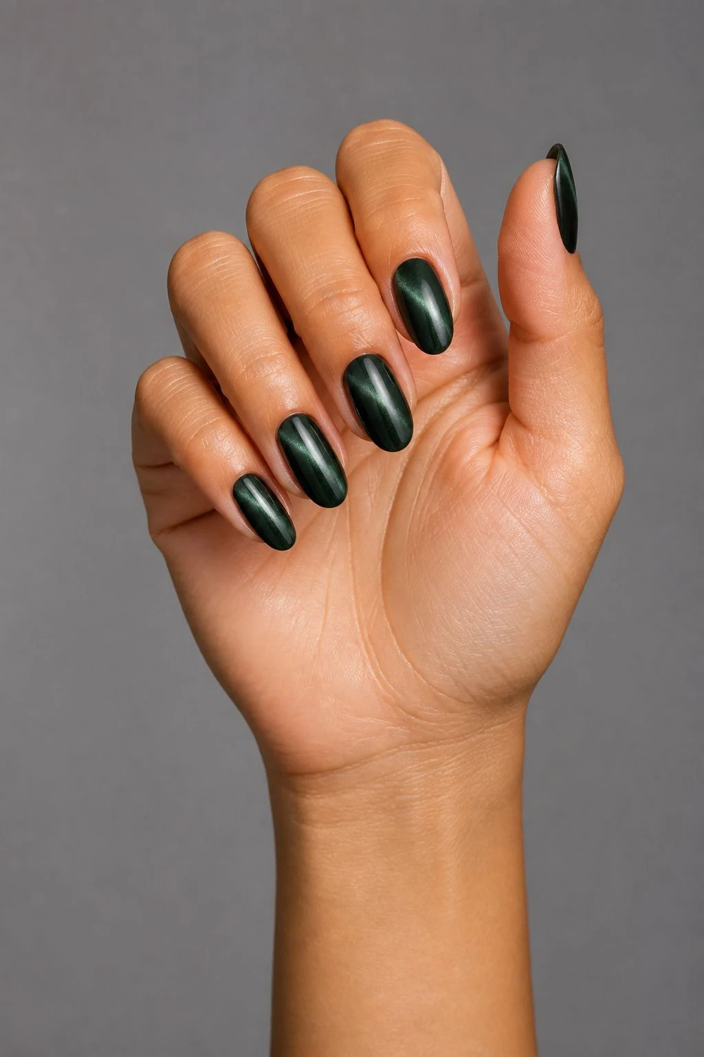Forest green cat-eye nails in a curled hand pose with thumb clearly separated