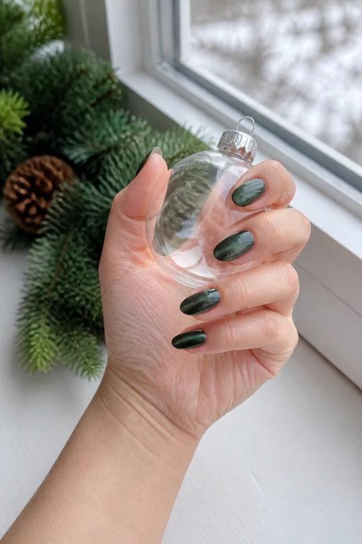Forest Green Cat-Eye Oval dark green Christmas nails