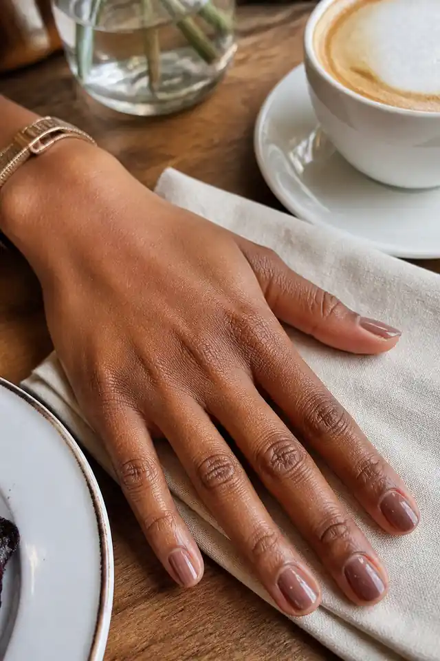 Short natural cocoa jelly nails on a woman’s hand at a café table.