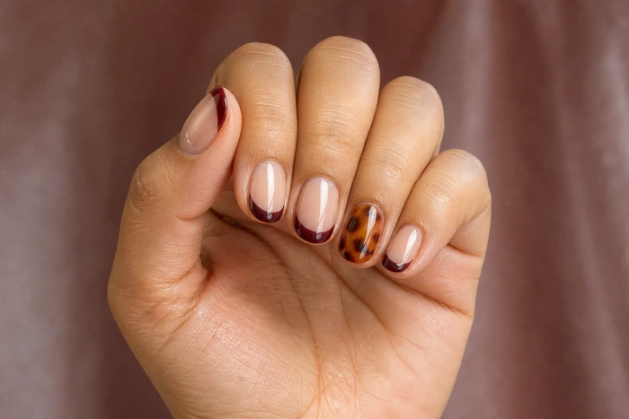 Short nude gel nails with burgundy French and tortoiseshell accent